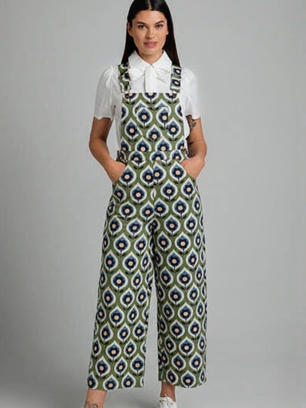 ModCloth Green and Navy Patterned Wide-Leg Overalls